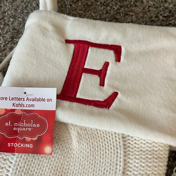 Winter White Knit Christmas Stocking 21” Monogram Initial E | w Plush Cuff NEW - Picture 5 of 5